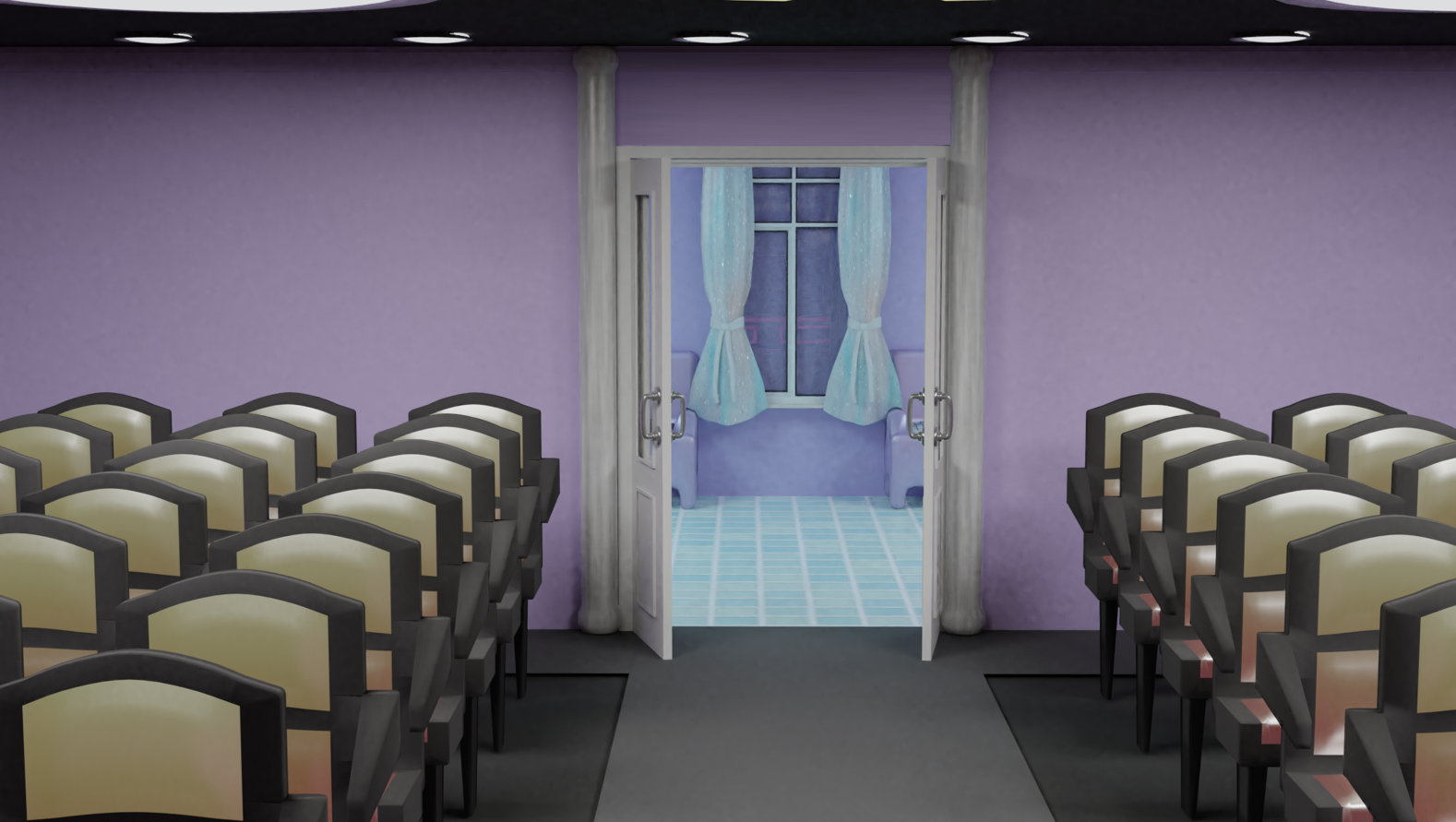 Image description: A view of the auditorium entrance and exit. The door is white with a pair of white marble columns to each side on a light purple wall. The floor is dark gray with a lighter gray strip in the middle aisle, and to the sides are rows of seats. The door is wide open to reveal part of the hallway outside with light blue tiles, a light purple wall, and a window with metallic silver curtains.